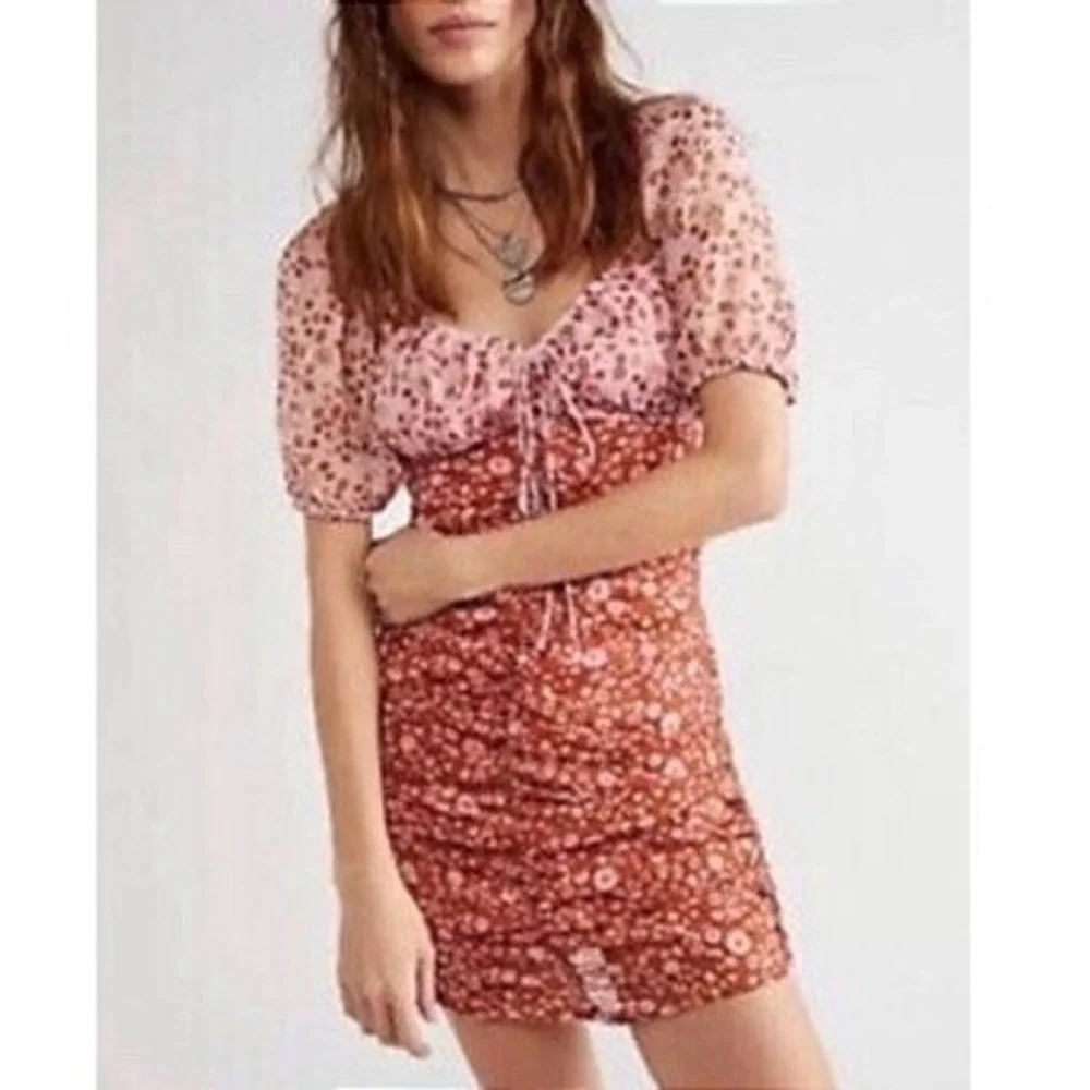 Free‎ People Tessa Floral Ruched Mini Cutout Dress Pink Rust Orange Size Small